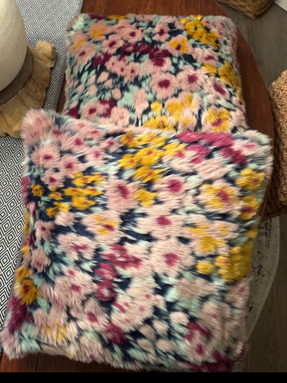 Pair of Anthropologie Faux-Fur Floral Jacquard Pillows - Picture 3 of 7
